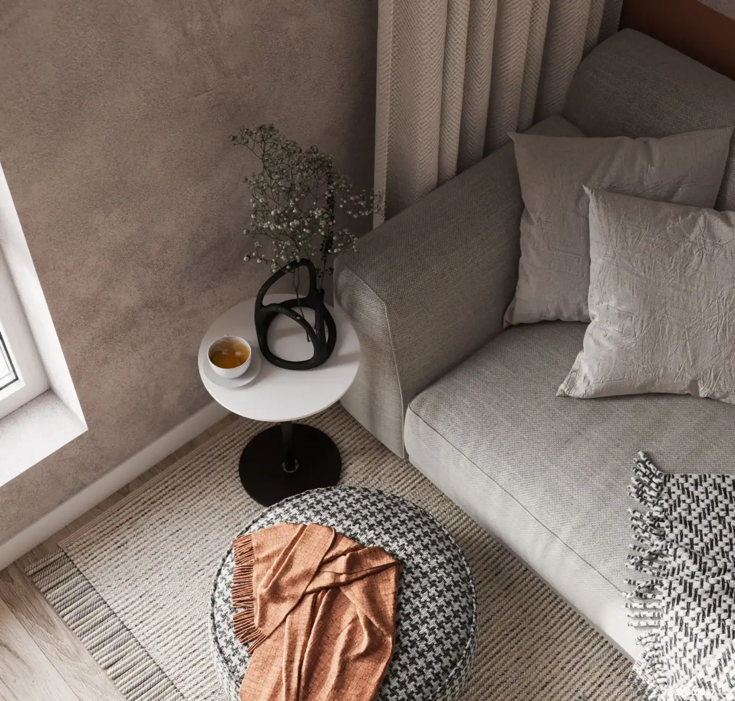 3D interior rendering of a modern living room