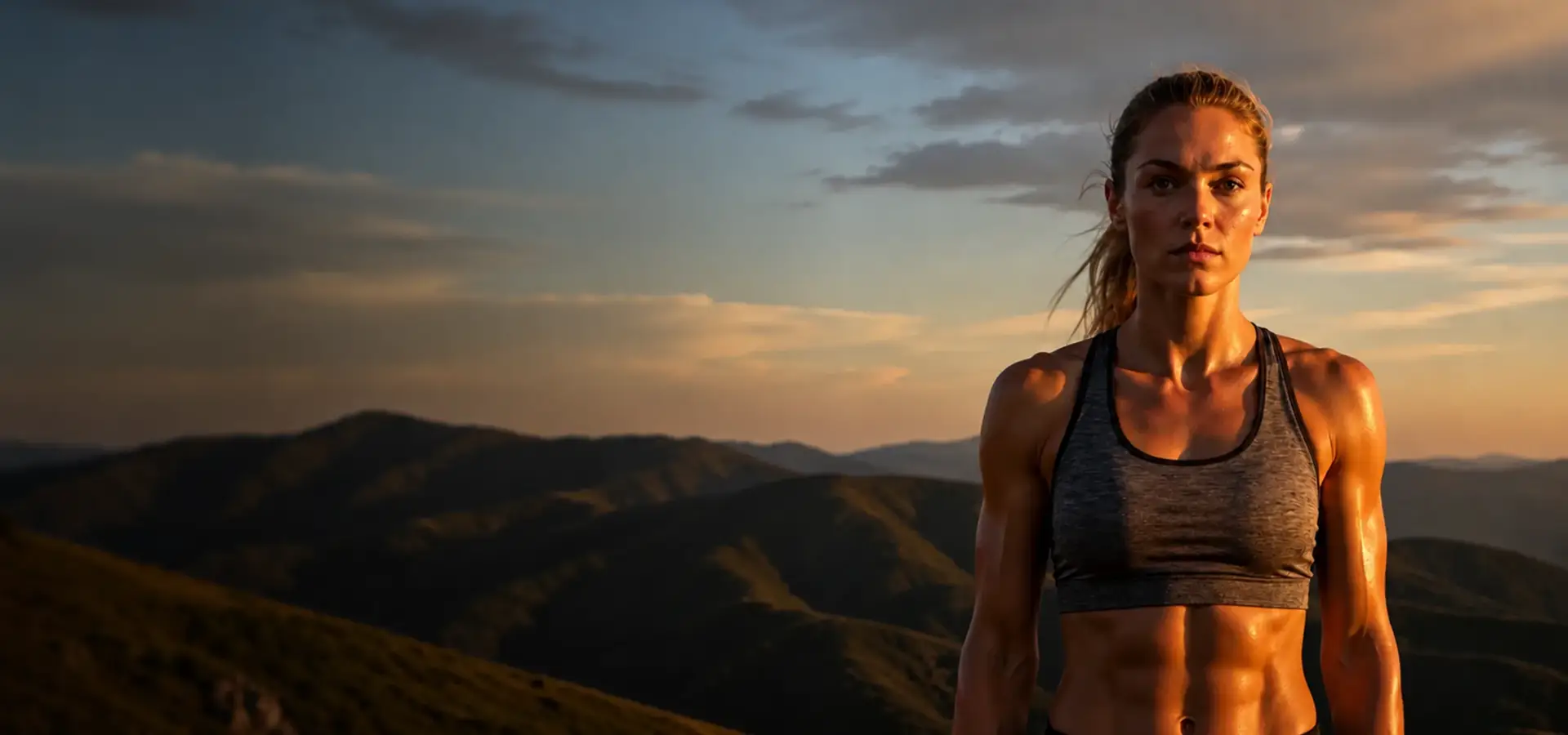 Female athlete portrait at dusk, sports nutrition product visualization hero.