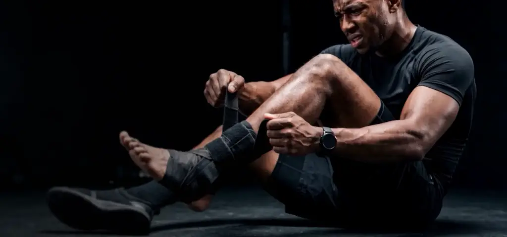 Deportista sentado en un estudio oscuro ajustándose una tobillera de compresión, visualización de producto de equipamiento deportivo.