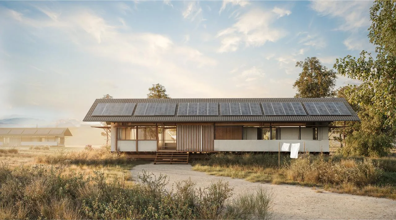 Render 3D de vivienda modular sostenible para comunicar un proyecto de arquitectura sostenible