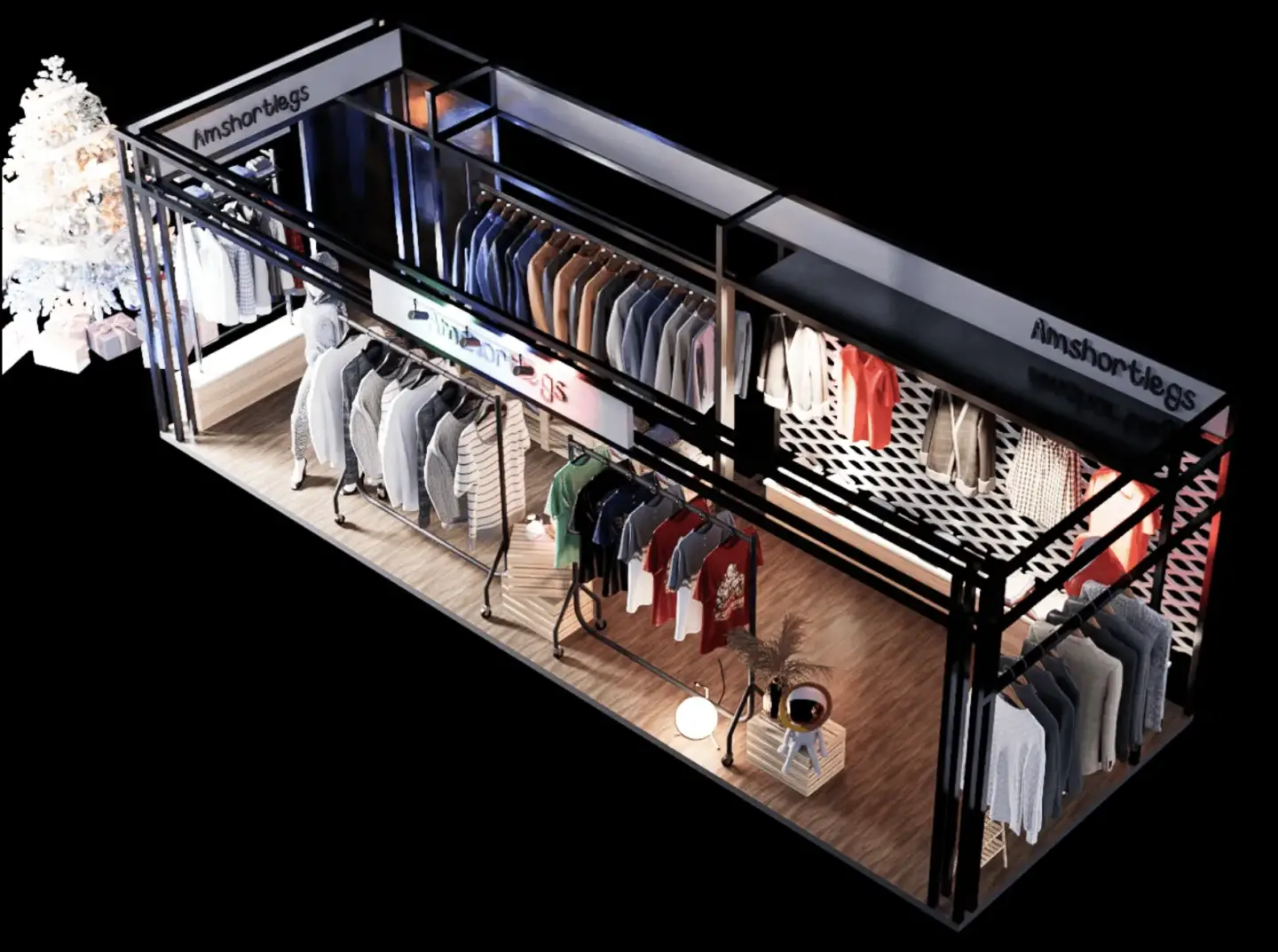 3D product visualization of a modular retail clothing kiosk with apparel racks, lighting, and branded display layout