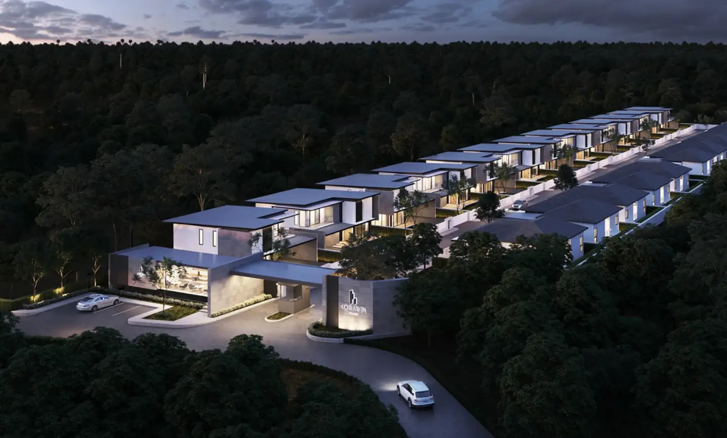 Aerial night 3D rendering of a modern residential development with illuminated villas surrounded by forest landscape