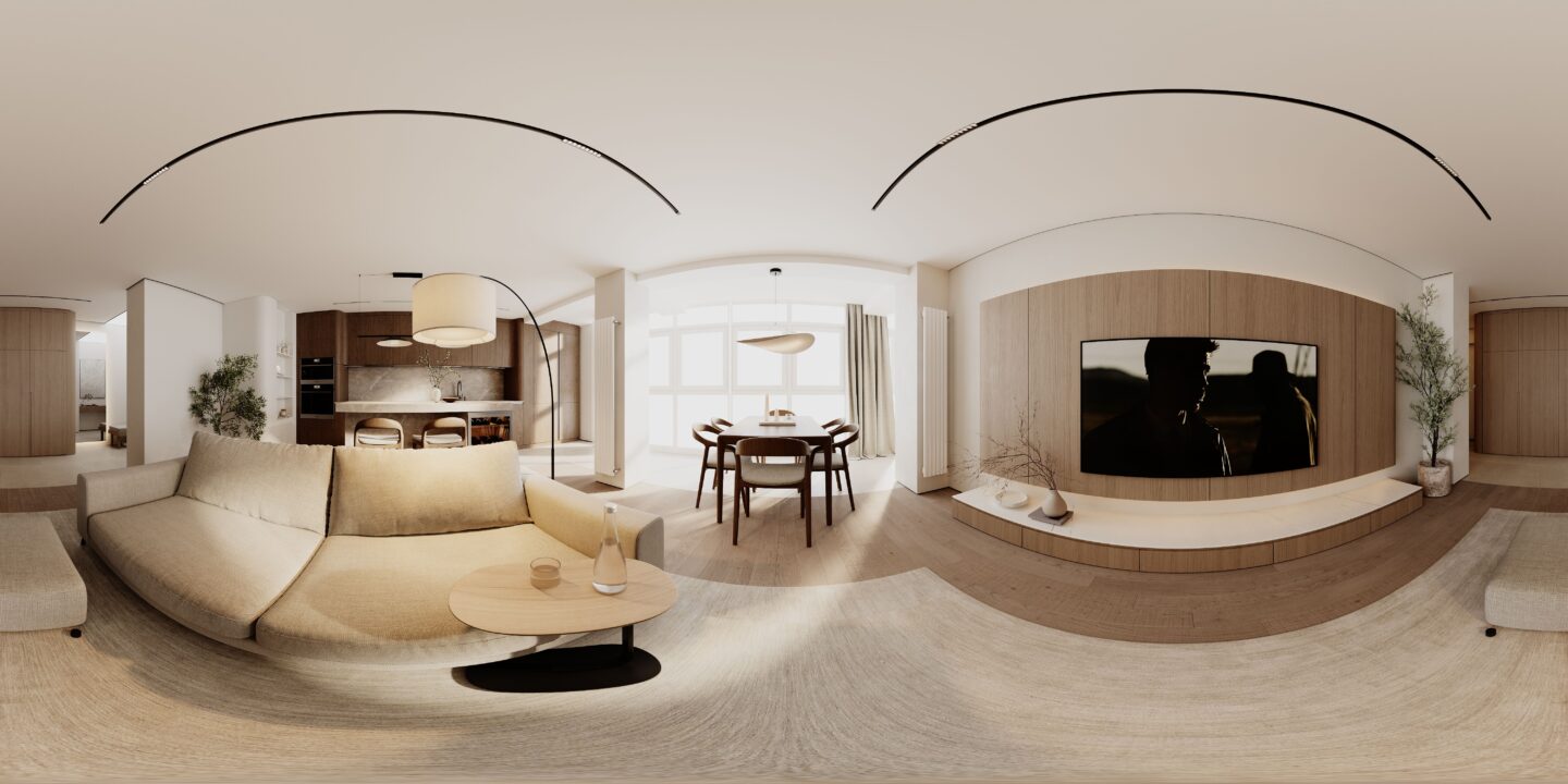 3D interior rendering of a warm, naturally lit living room with layered textiles and low seating