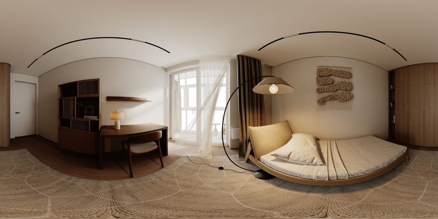 3D interior render of a cozy bedroom with textured bedding, wood tones, and soft natural light