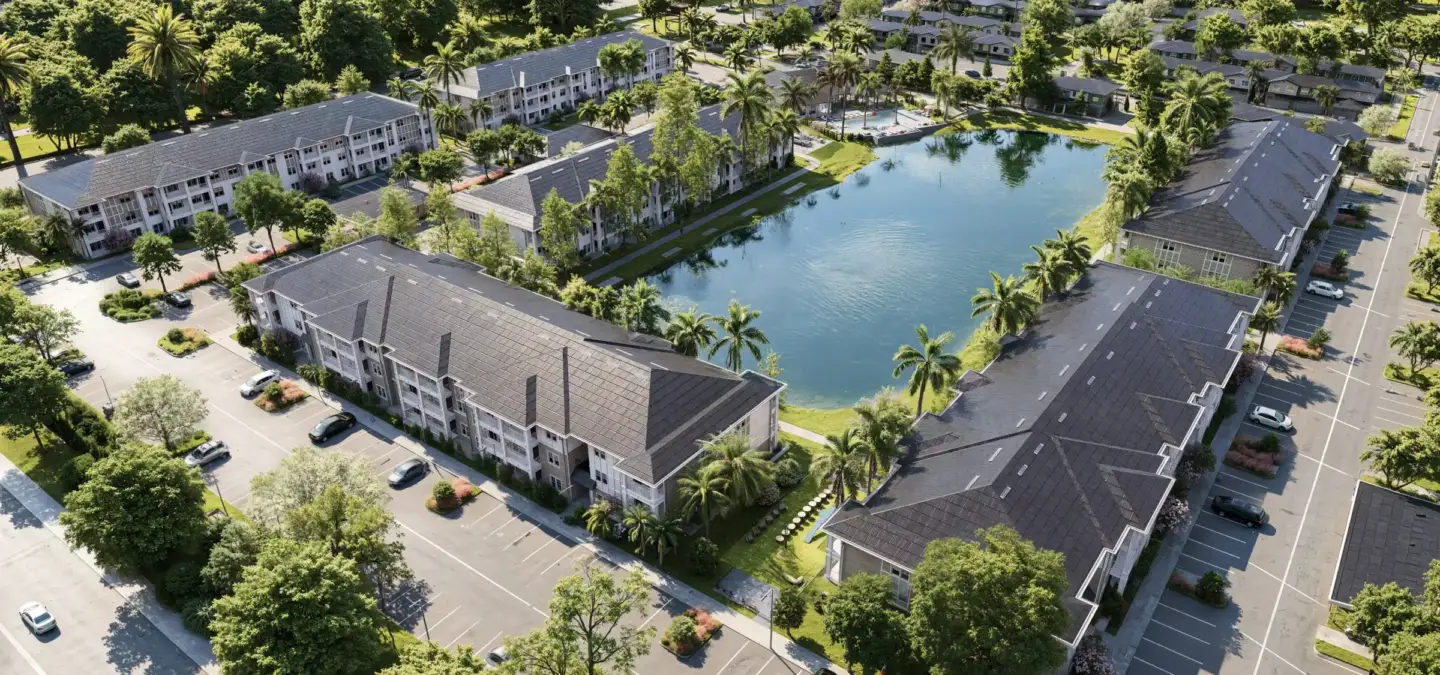 CGI van het clubhuis in het tropische woningproject, breed avondbeeld
