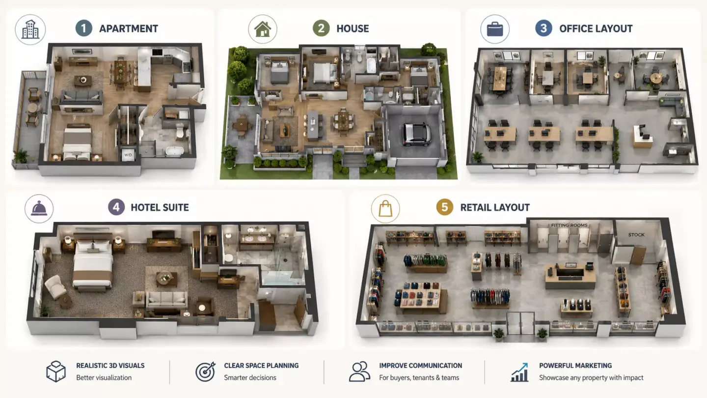 Grid of 3D floor plan examples including apartment, house, office layout, hotel suite and retail layout