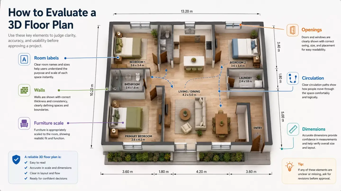 Infographic on how to evaluate a 3D floor plan covering room labels, walls, furniture scale, openings, circulation and dimensions
