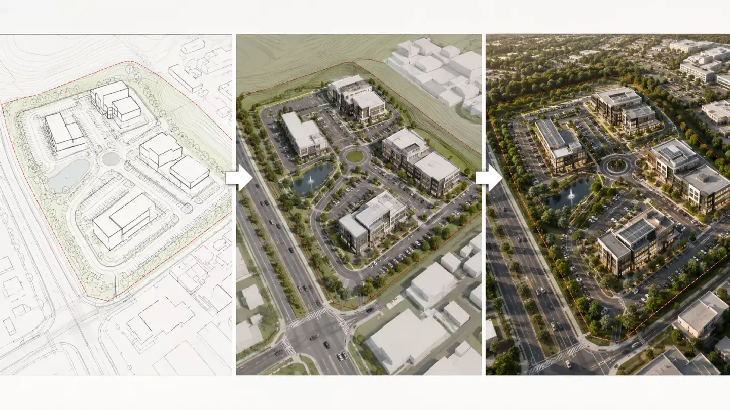 Site plan rendering progression from flat masterplan to a 3D aerial view