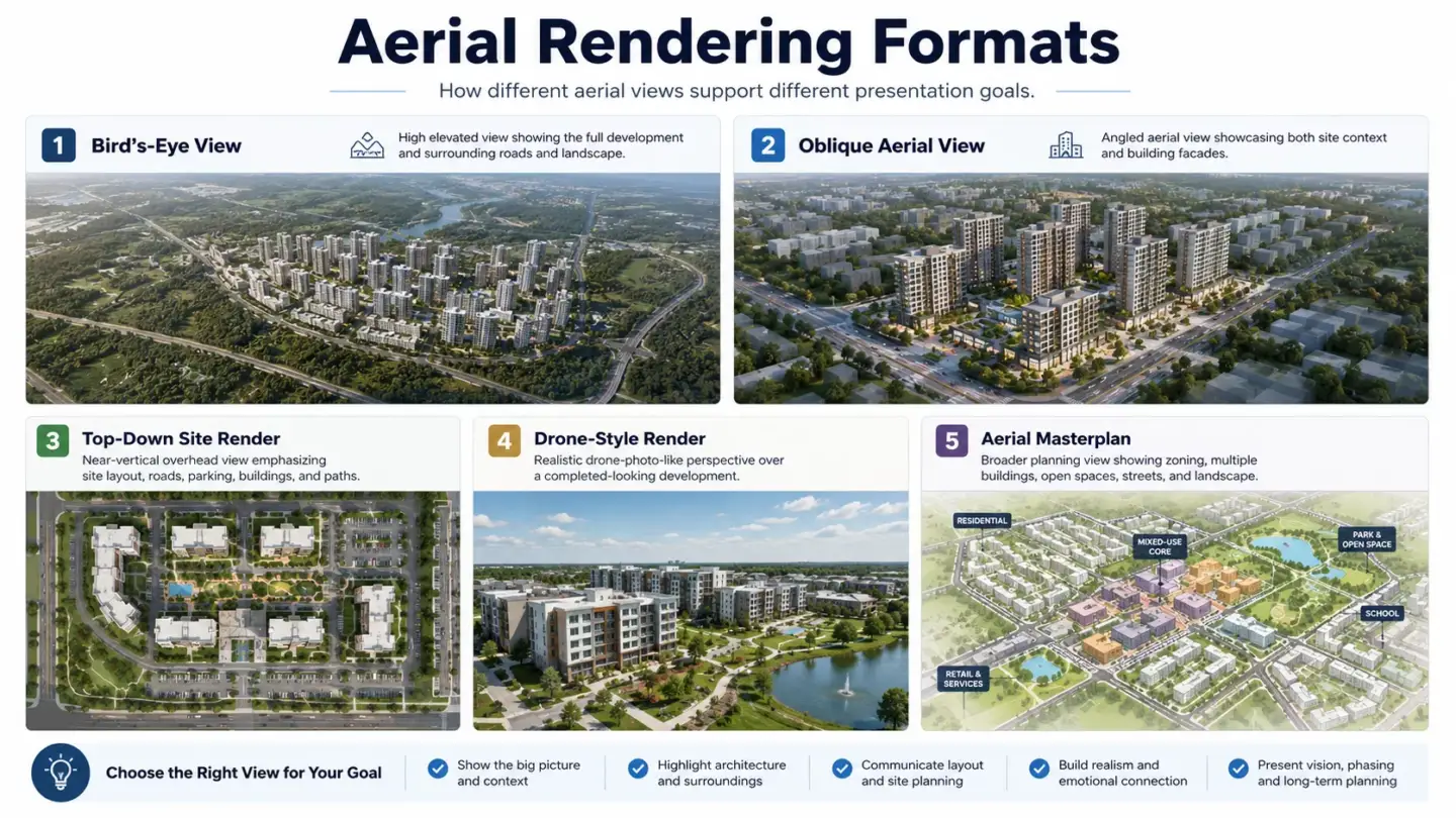 Comparison of aerial render formats — top-down bird's-eye, oblique three-quarter, and low aerial views of a property
