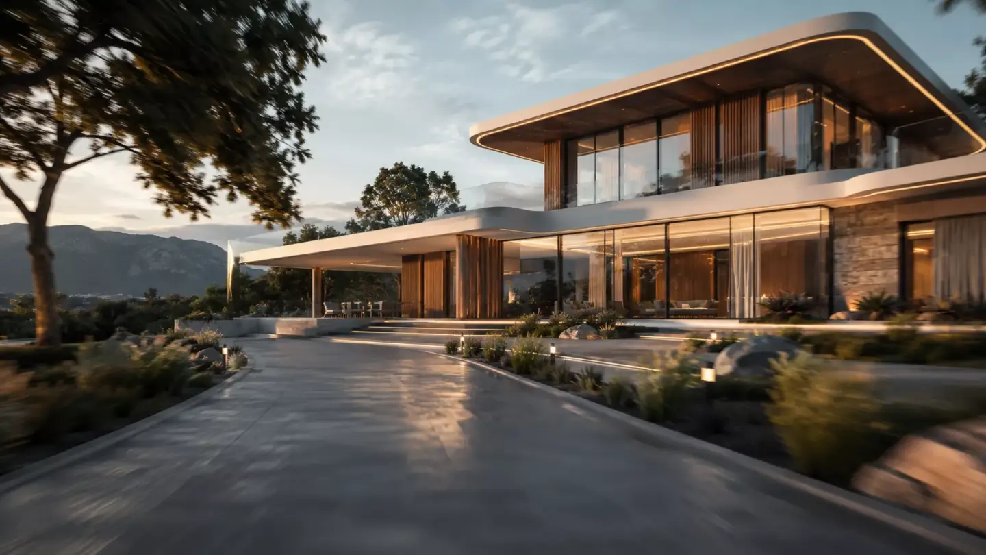 Photorealistic exterior render frame of a modern villa at dusk used in architectural animation
