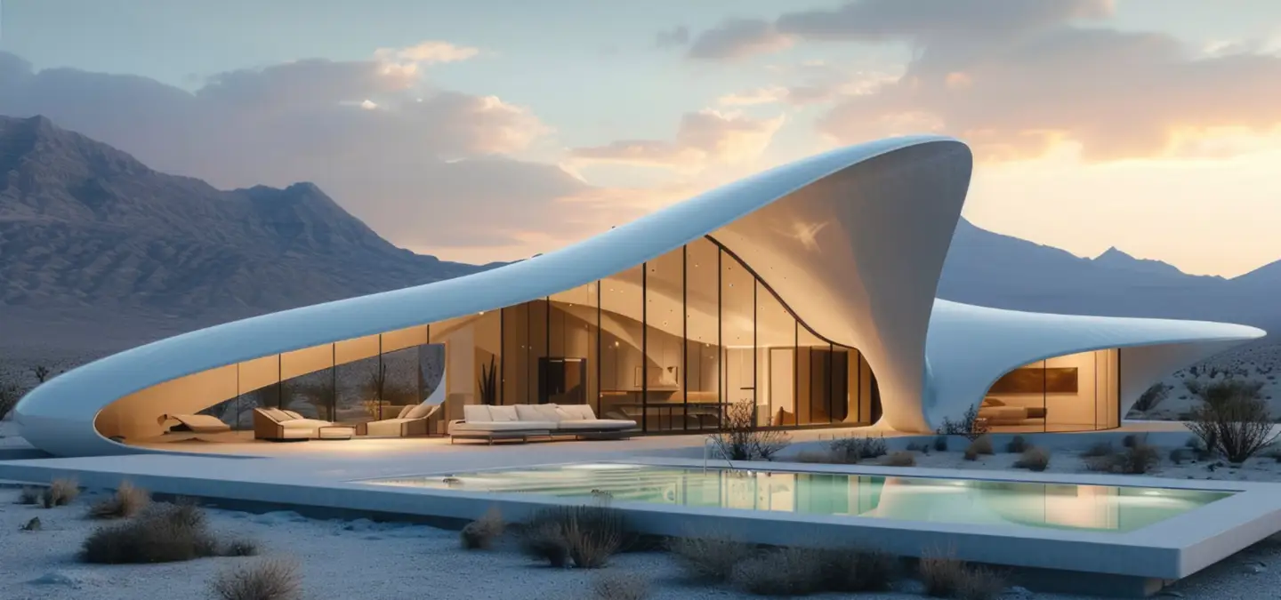 Photorealistic render frame of a futuristic curved villa with pool from an architectural animation