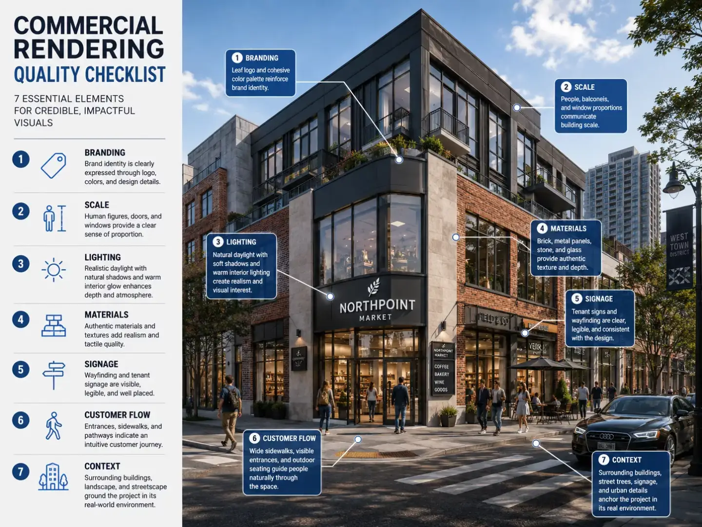 What Is Commercial Rendering? Commercial rendering quality checklist overlaid on a photorealistic retail storefront visualization