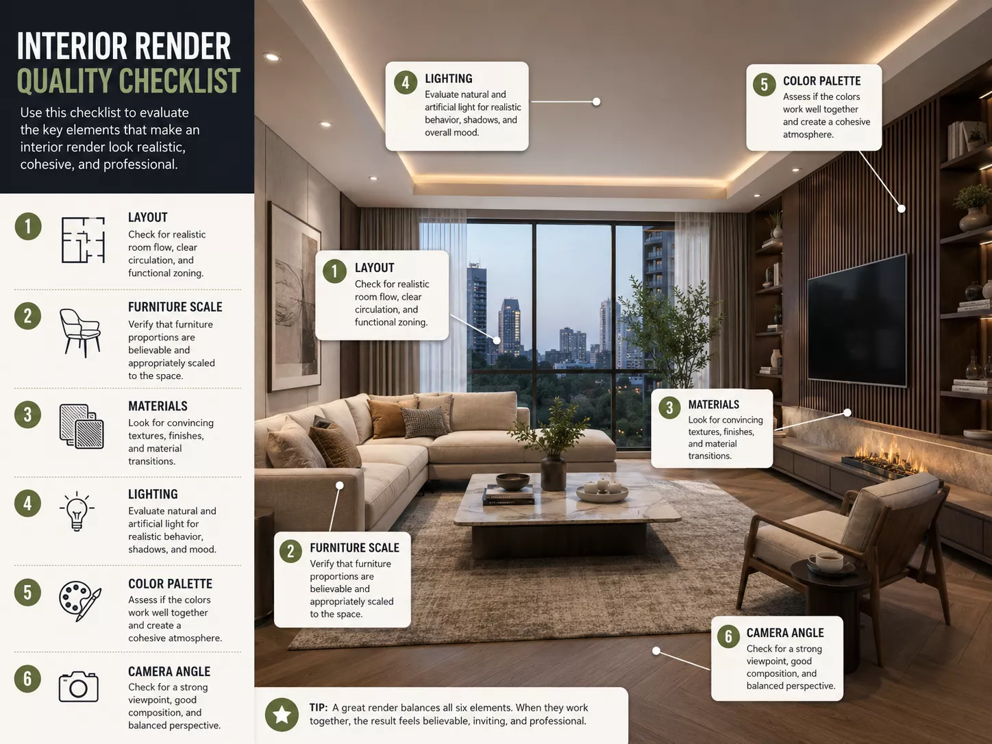 Interior render quality checklist overlaid on a photorealistic modern living room visualization