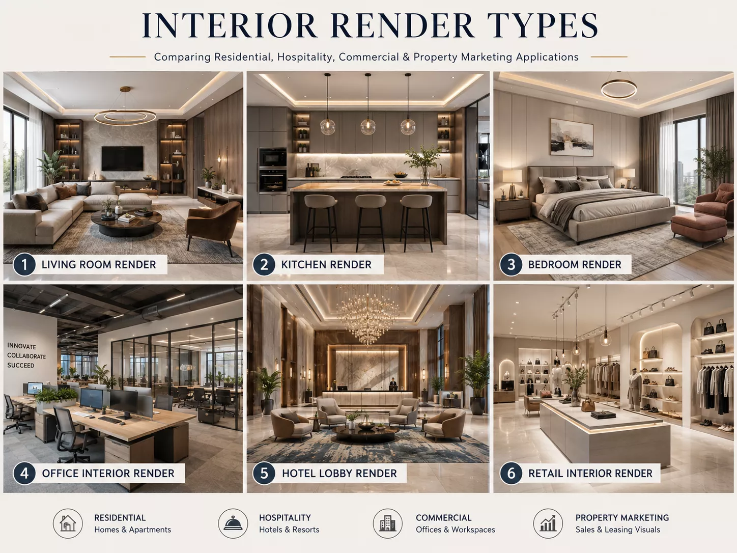 Grid of interior render types including living room, kitchen, bedroom, office, hotel lobby and retail interiors
