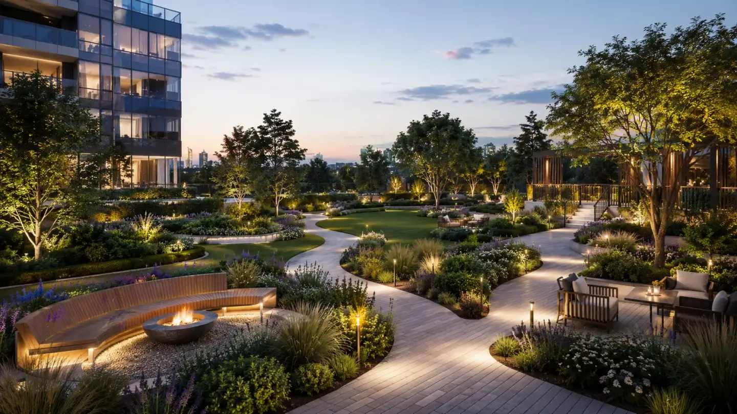 Photorealistic landscape rendering of an evening courtyard garden with lighting and planting