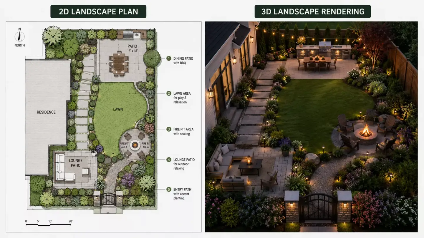 Comparison of a 2D landscape plan and a 3D landscape rendering of the same outdoor space