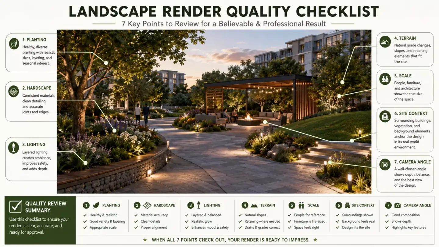 Checklist infographic with quality criteria for landscape renderings