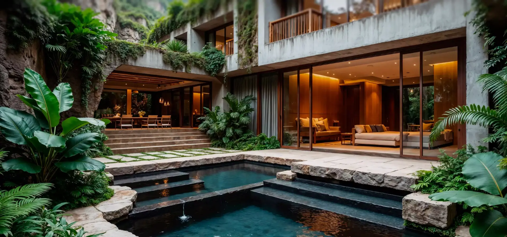 Landscape rendering of a modern courtyard with a pool and planting