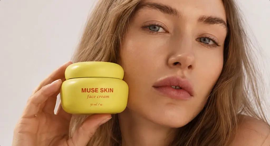 Ritratto beauty di una modella dalla pelle luminosa per la campagna della crema viso, visualizzazione con AI.