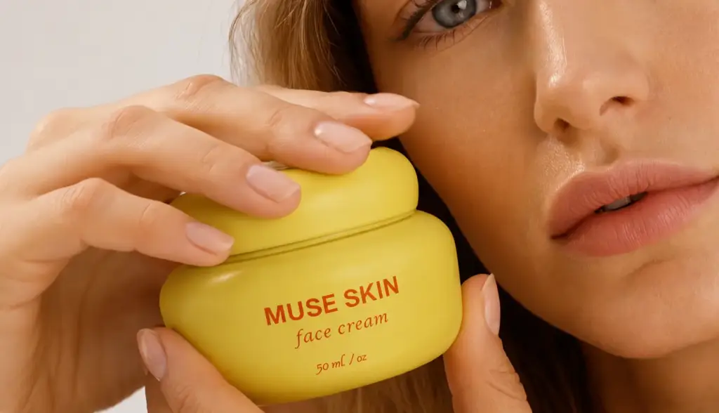 Modella che avvicina il barattolo di crema viso alla guancia, visualizzazione beauty generata con AI.