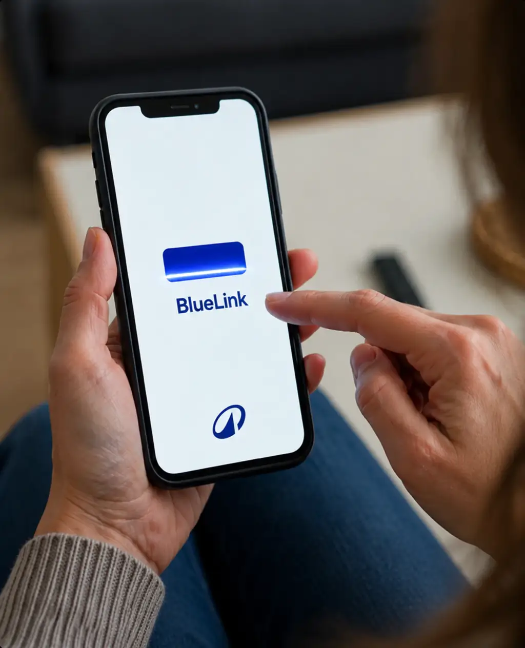 Mani che tengono un telefono con la schermata di avvio dell'app di salute digitale e il logo del brand.