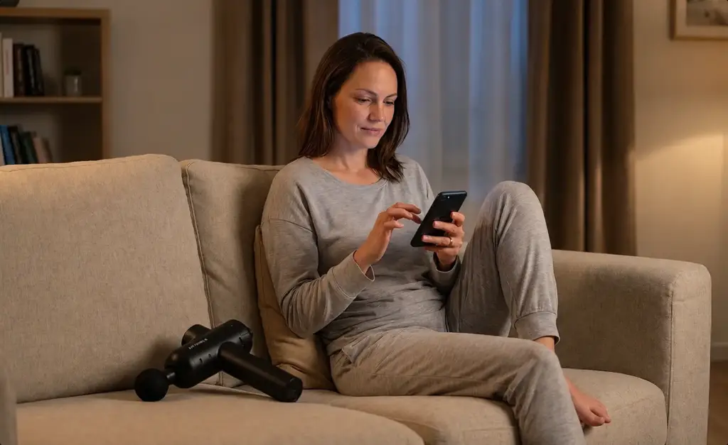 Donna sul divano di sera con un riepilogo olografico dei dati di salute che brilla appena accanto al telefono.