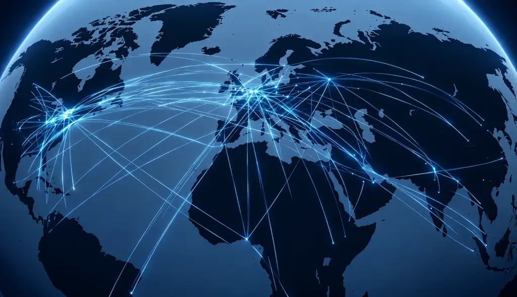 Globo blu luminoso con una rete di connessioni mondiale che rappresenta la piattaforma di salute digitale connessa.