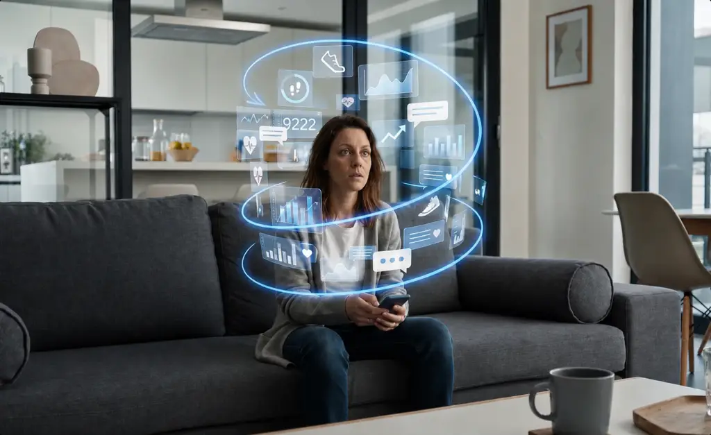 Donna sul divano che osserva un'ampia panoramica olografica dei dati generata dall'app connessa.