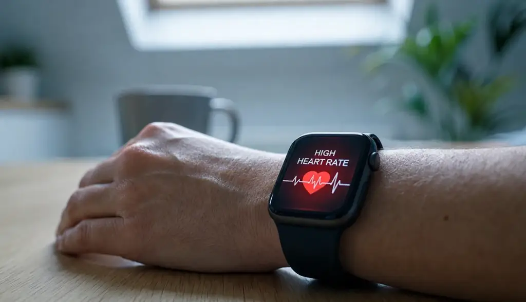 Primo piano del quadrante di uno smartwatch con l'icona rossa del battito cardiaco, a sottolineare il monitoraggio della salute in tempo reale.