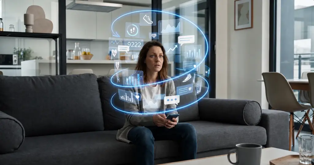 Woman on a sofa in a bright living room viewing a floating holographic health dashboard from her digital health app.