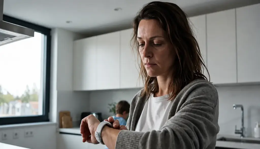Donna in una cucina moderna che dà un'occhiata allo smartwatch per controllare i dati dell'app connessa.