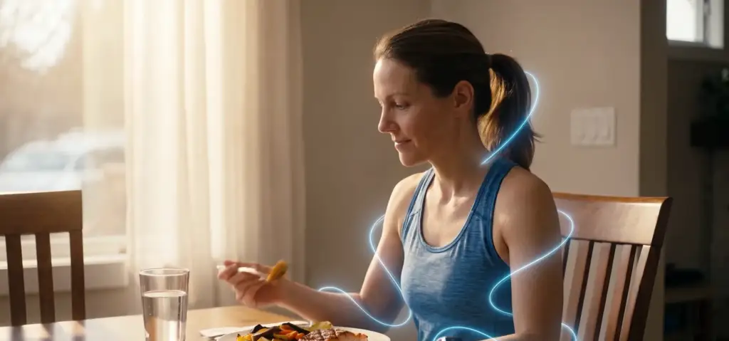 Donna con auricolari rilassata a un tavolo con un bicchiere d'acqua, scena lifestyle tranquilla dalla campagna dell'app di salute.