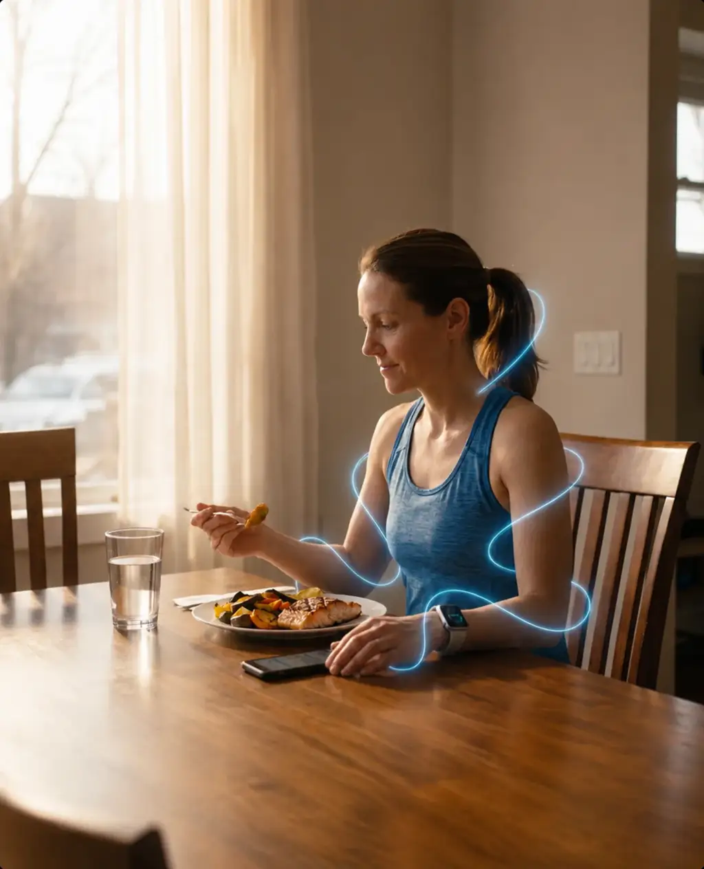 Donna con auricolari a un tavolo durante una pausa consapevole, inquadratura lifestyle dal set dell'app di salute digitale.