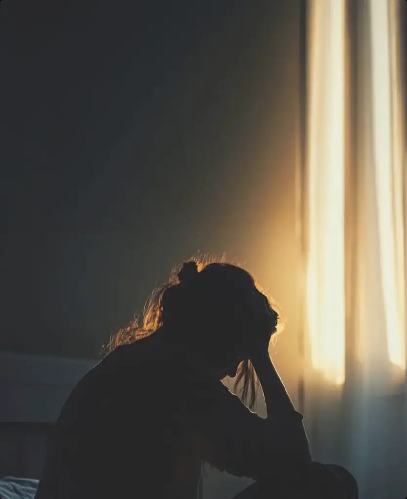 Persona in controluce davanti alla luce calda di una finestra, in un tranquillo momento serale di benessere quotidiano.