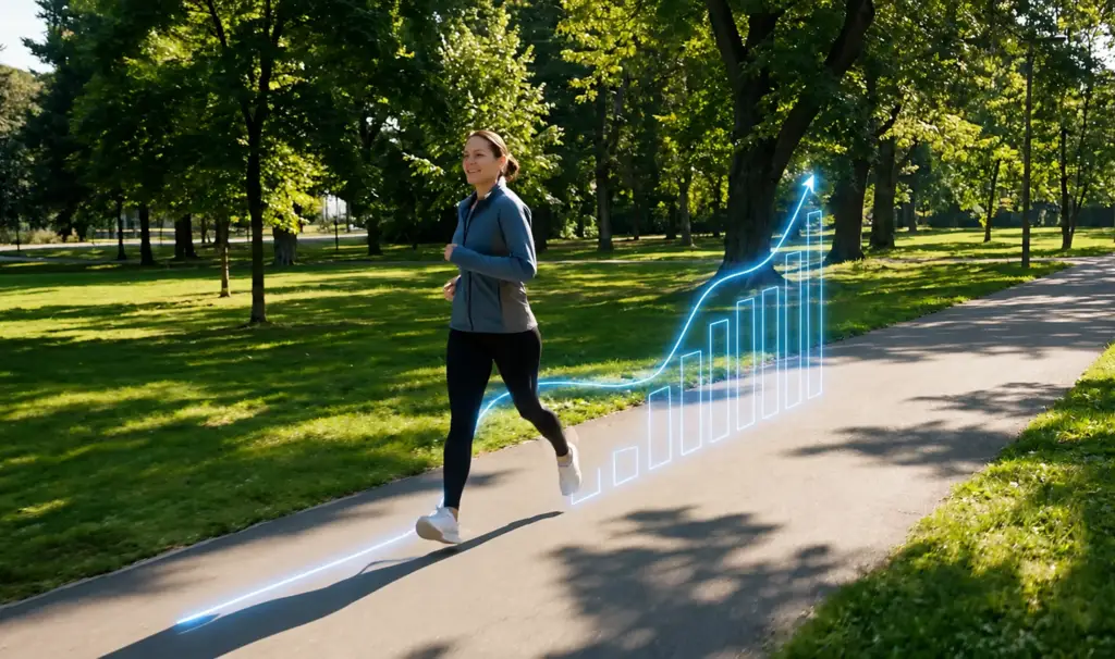 Corridore in un parco verde con un overlay di dati blu traslucido che registra l'attività, dalla visualizzazione dell'app di salute connessa.