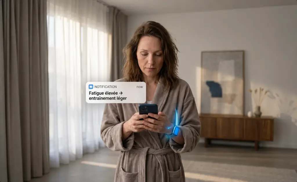 Donna in piedi con un telefono in mano e una notifica dell'app di salute sospesa accanto a lei.