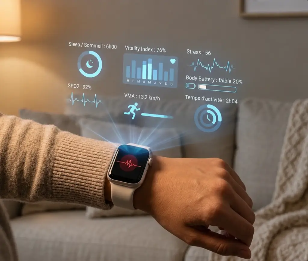 Primo piano di uno smartwatch al polso con una dashboard olografica blu, dalla visualizzazione dell'app di salute digitale.