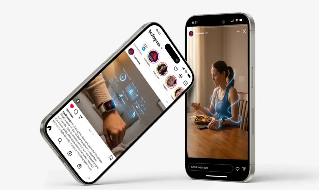 Due smartphone che mostrano l'app di salute digitale dentro feed e storie dei social per una campagna di lancio.