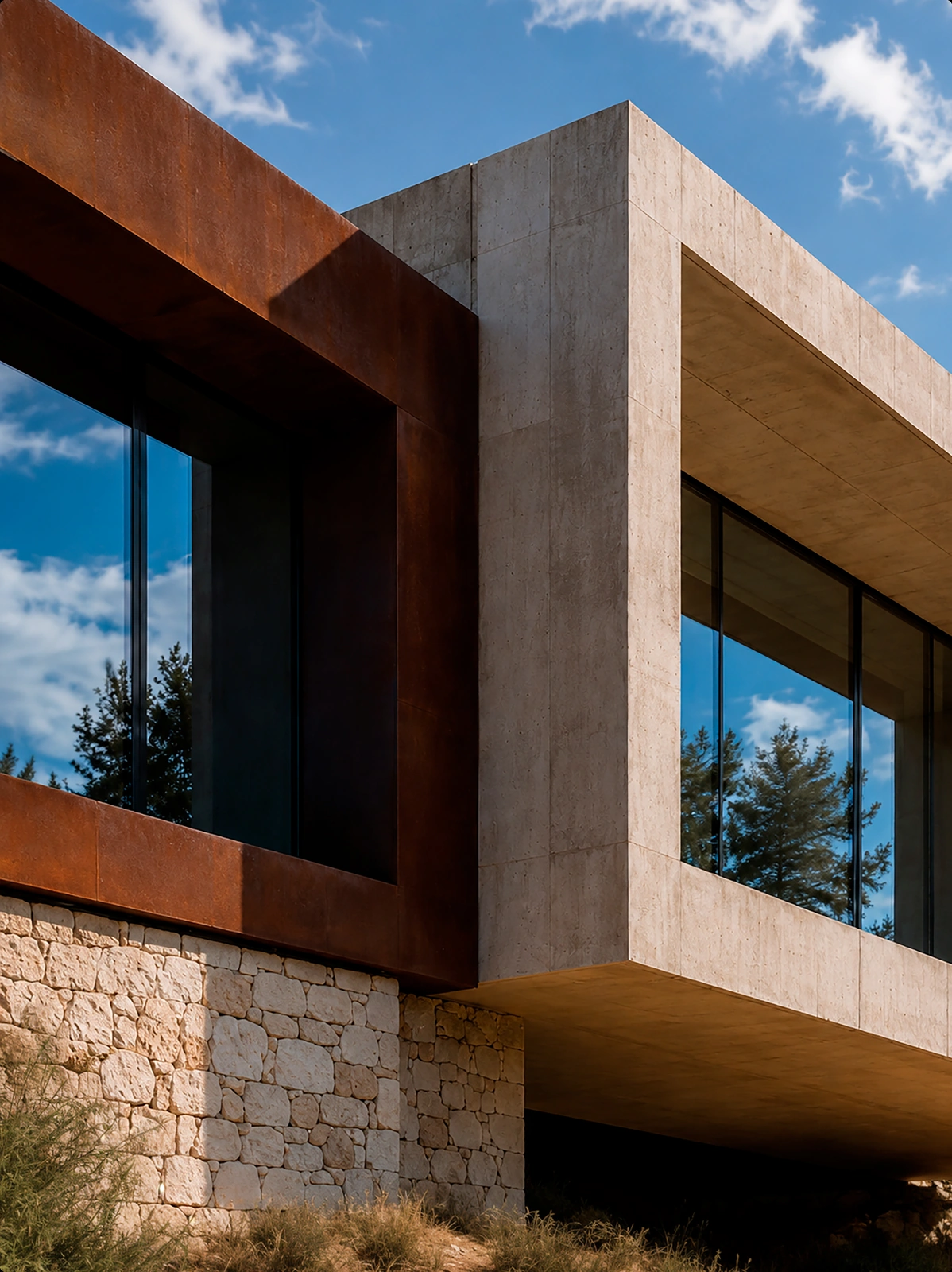 High-end exterior 3D visualization of a corten-steel building, illustrating spec-accurate work that separates strong visualizers from weak ones