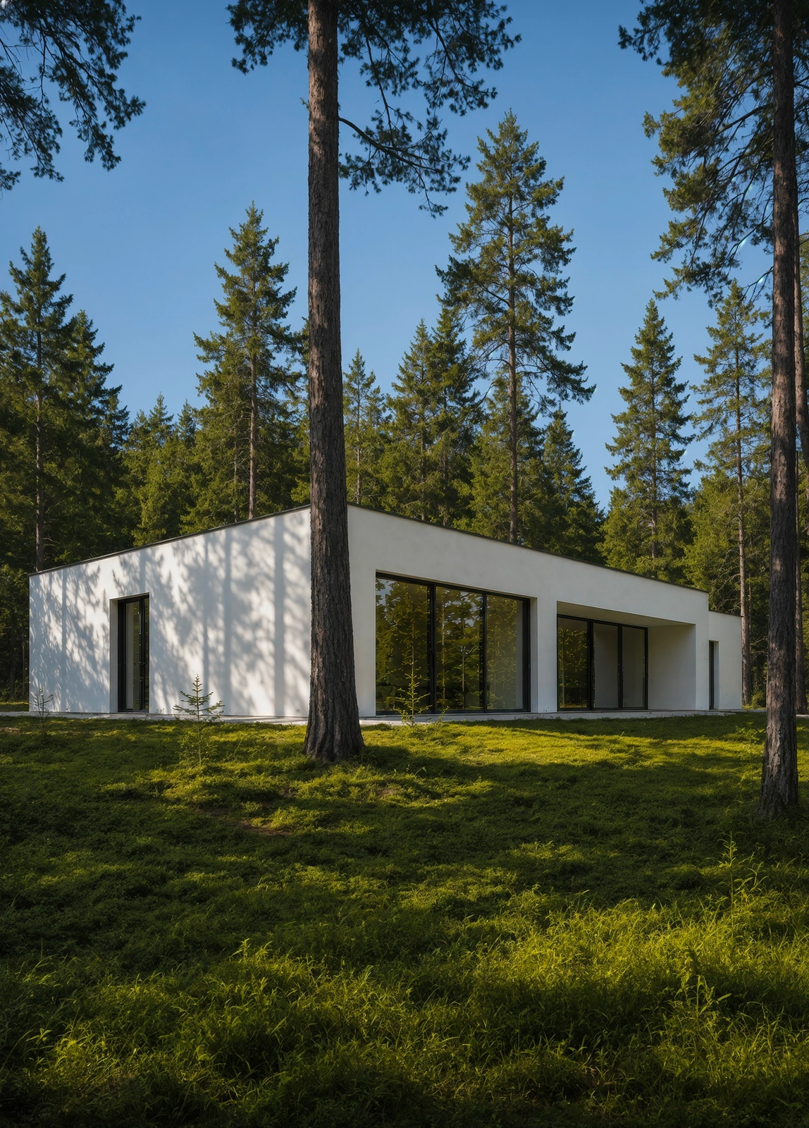 Photorealistic 3D architectural render of a house in a forest setting, showing the human craft AI still cannot fully replace