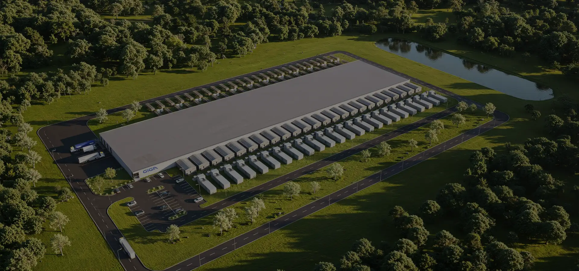Aerial render of an AI data center campus with rows of dry coolers along a long single-storey hall