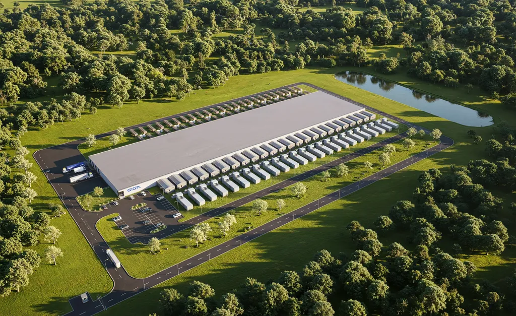Aerial render of an AI data center campus surrounded by trees, with a pond and access roads