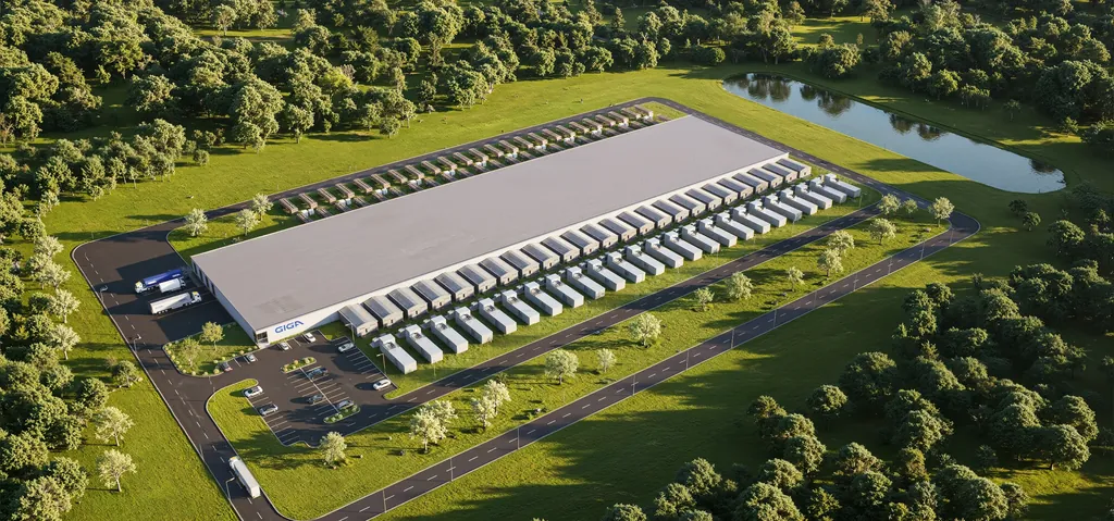 Aerial render of an AI data center campus with dry cooler rows along the hall