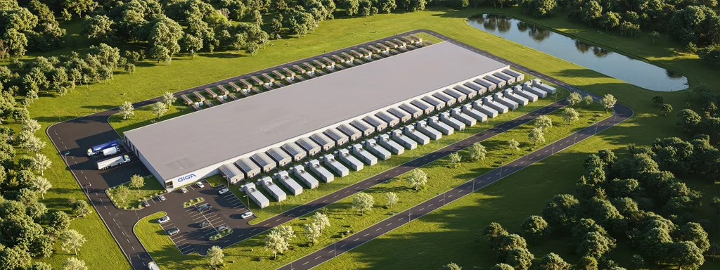 Aerial render of an AI data center campus with a long single-storey hall