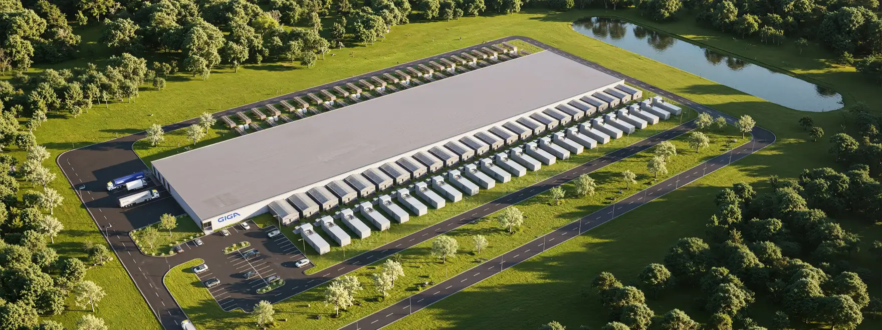 Aerial render of an AI data center campus with dry cooler rows along the hall