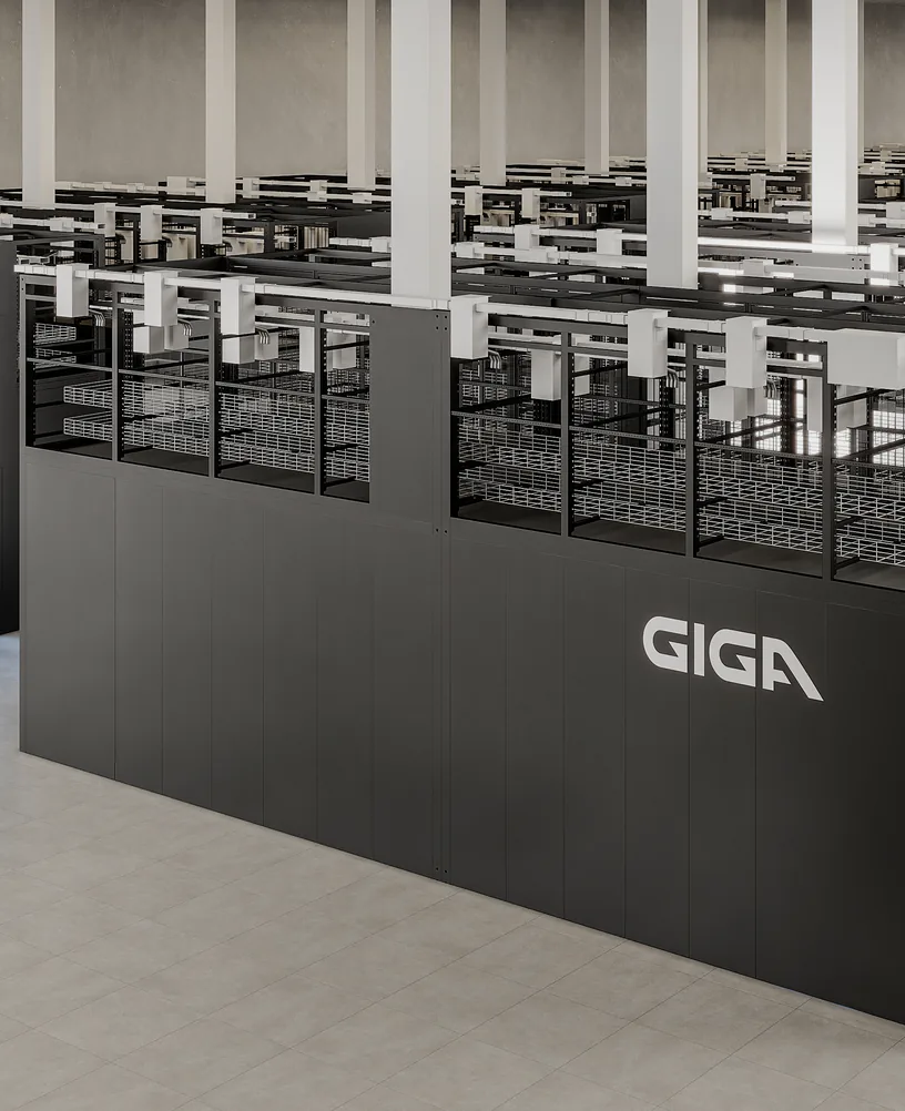 Close-up render of a black AI pod enclosure with an access door and a mezzanine of cable trays