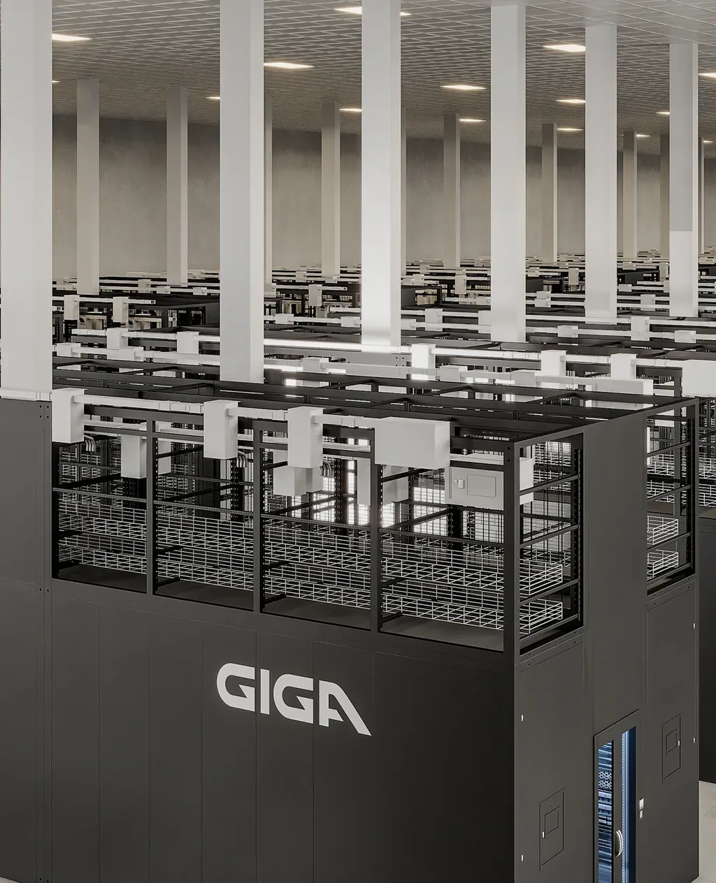 AI pod enclosure topped with a mezzanine and cable trays