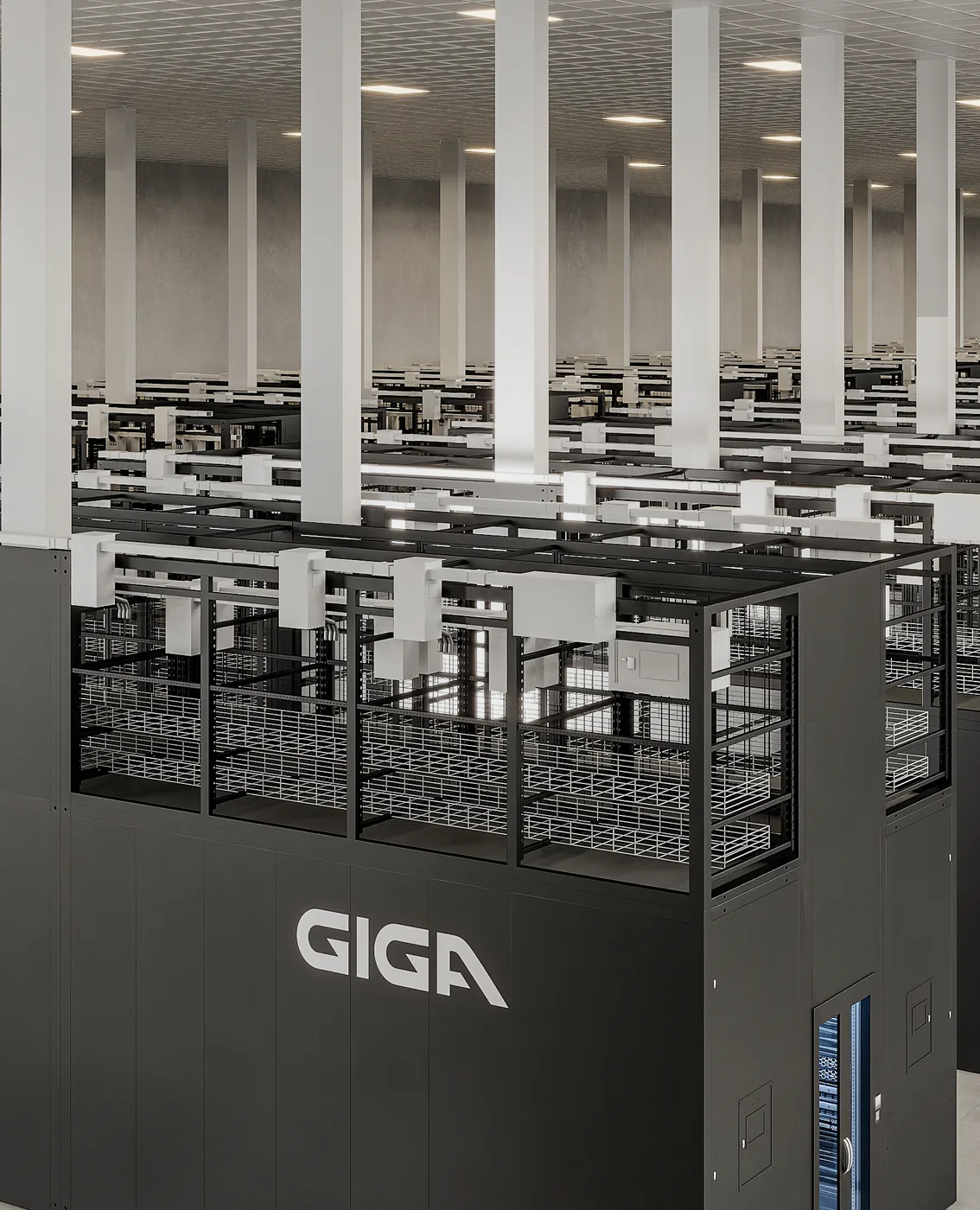 Portrait render of a branded AI pod enclosure topped with a mezzanine of cable trays