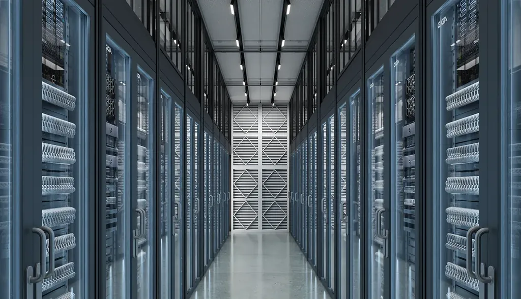 Frame from a flythrough of server racks inside an AI pod