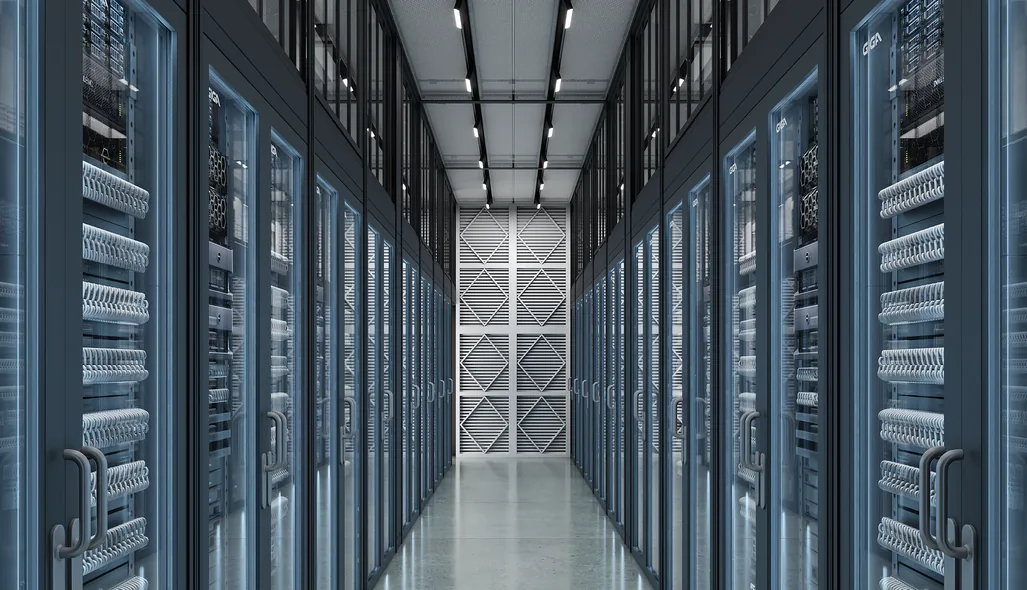 Render of server racks inside an AI pod aisle, a typical flythrough shot